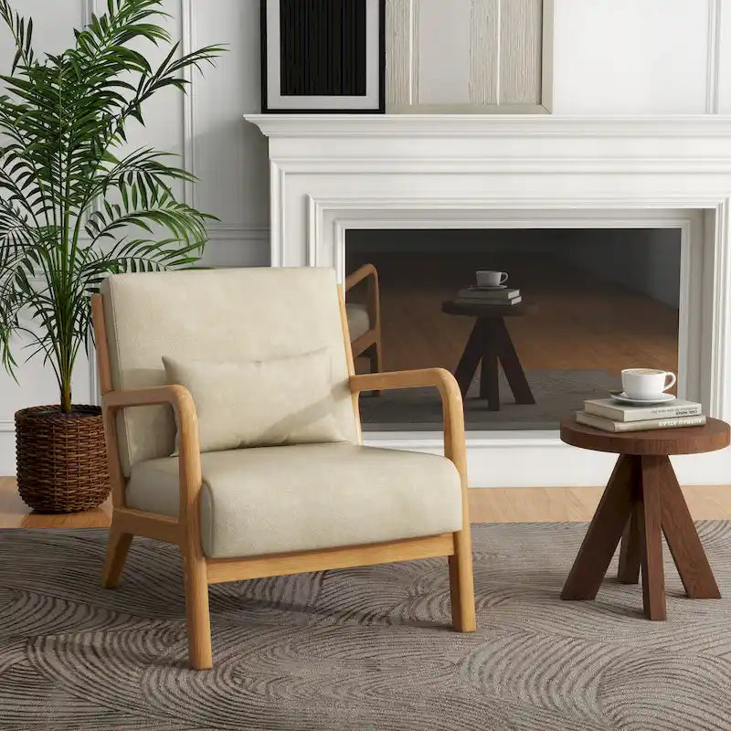 Tapicerowany fotel akcentowy w stylu mid-century modern z drewnianą ramą