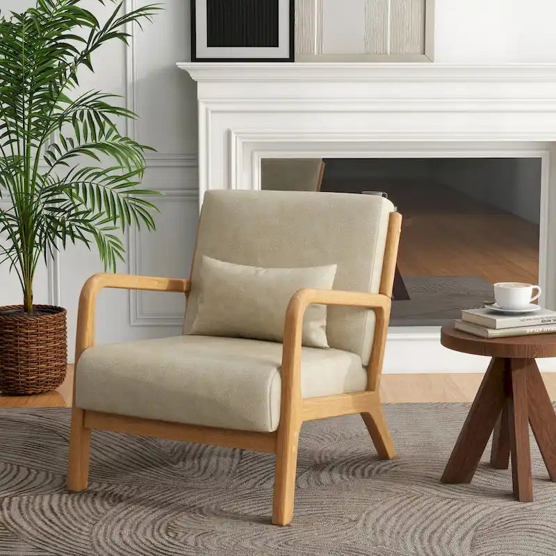 Tapicerowany fotel akcentowy w stylu mid-century modern z drewnianą ramą