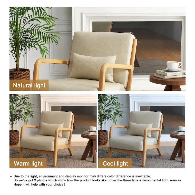 Tapicerowany fotel akcentowy w stylu mid-century modern z drewnianą ramą