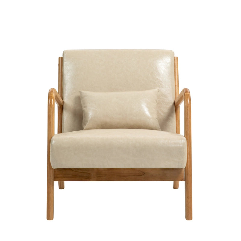 Tapicerowany fotel akcentowy w stylu mid-century modern z drewnianą ramą