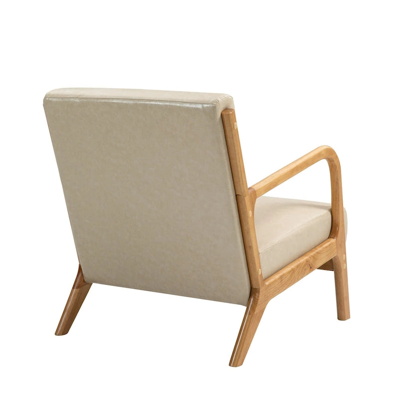 Tapicerowany fotel akcentowy w stylu mid-century modern z drewnianą ramą