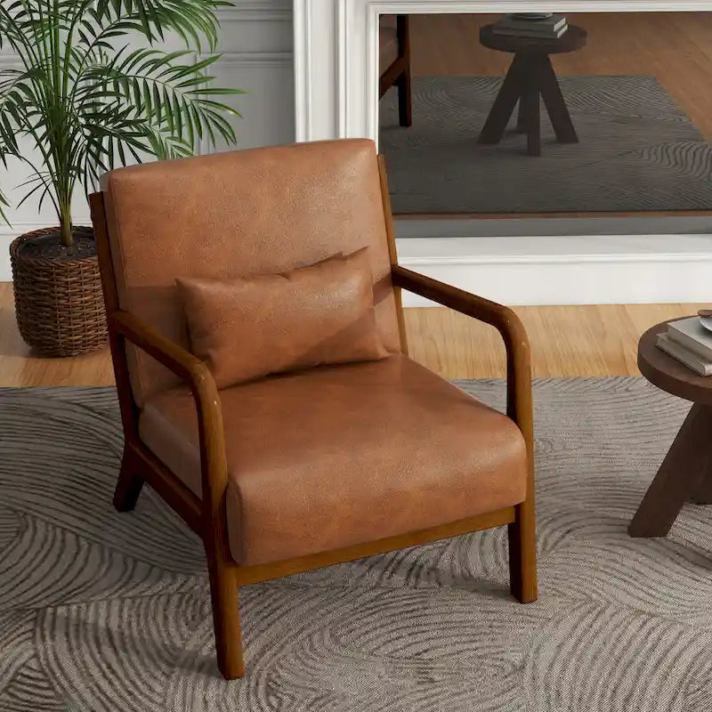Tapicerowany fotel akcentowy w stylu mid-century modern z drewnianą ramą