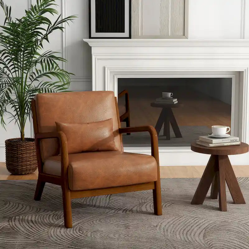 Tapicerowany fotel akcentowy w stylu mid-century modern z drewnianą ramą