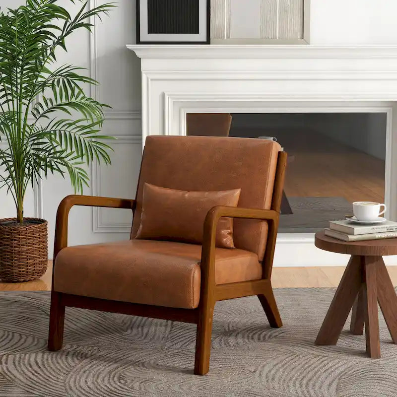 Tapicerowany fotel akcentowy w stylu mid-century modern z drewnianą ramą