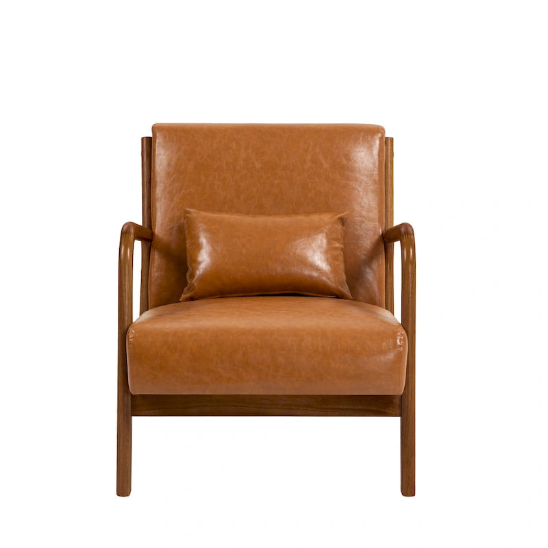 Tapicerowany fotel akcentowy w stylu mid-century modern z drewnianą ramą