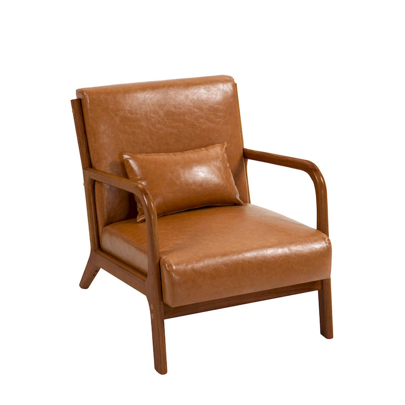 Tapicerowany fotel akcentowy w stylu mid-century modern z drewnianą ramą