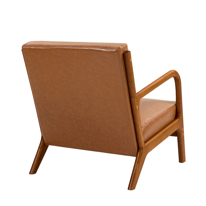 Tapicerowany fotel akcentowy w stylu mid-century modern z drewnianą ramą