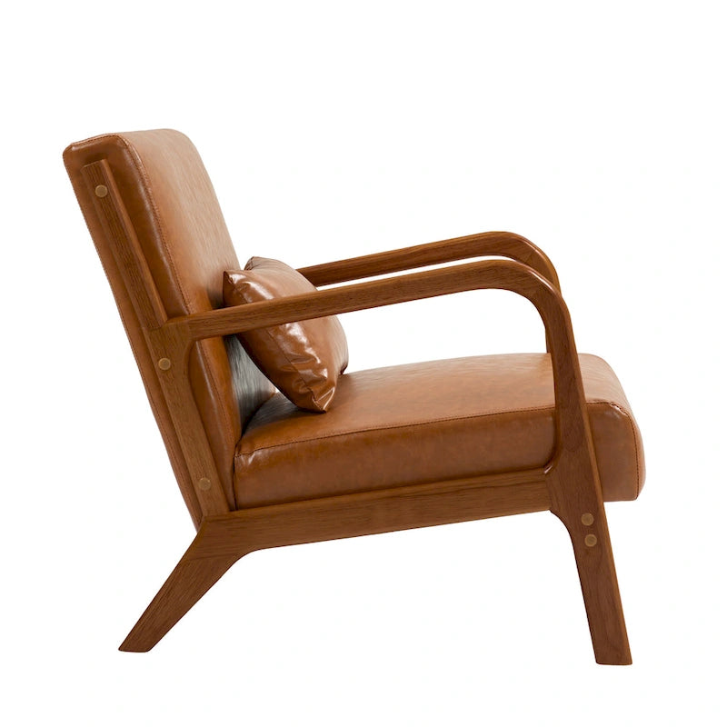 Tapicerowany fotel akcentowy w stylu mid-century modern z drewnianą ramą