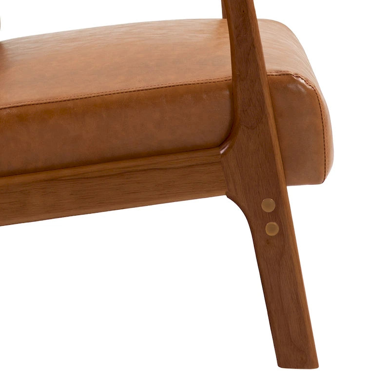 Tapicerowany fotel akcentowy w stylu mid-century modern z drewnianą ramą