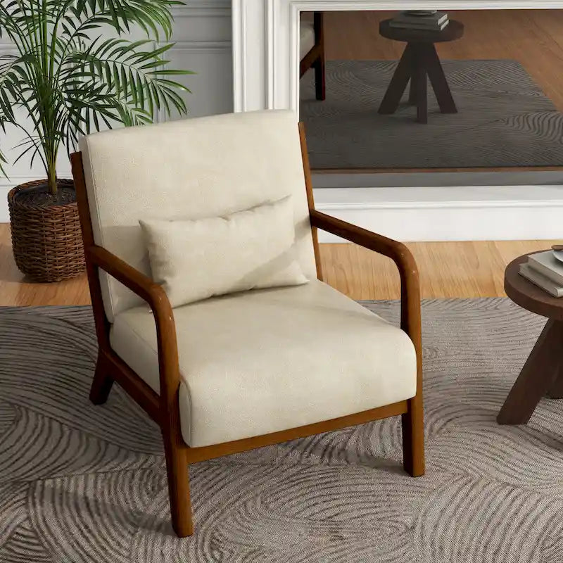 Tapicerowany fotel akcentowy w stylu mid-century modern z drewnianą ramą