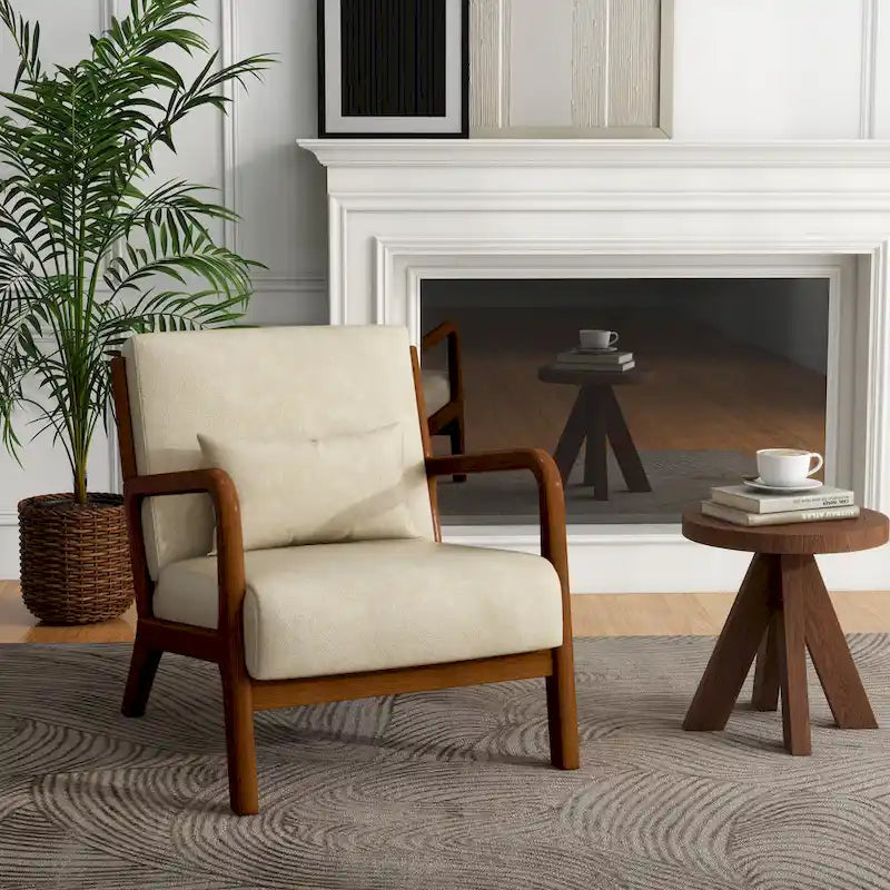 Tapicerowany fotel akcentowy w stylu mid-century modern z drewnianą ramą