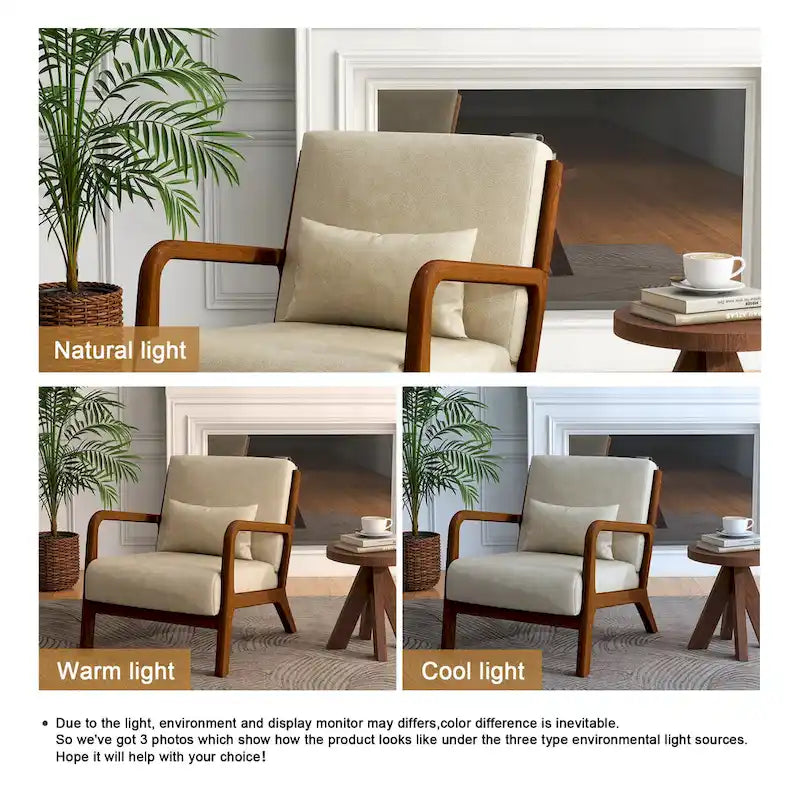 Tapicerowany fotel akcentowy w stylu mid-century modern z drewnianą ramą