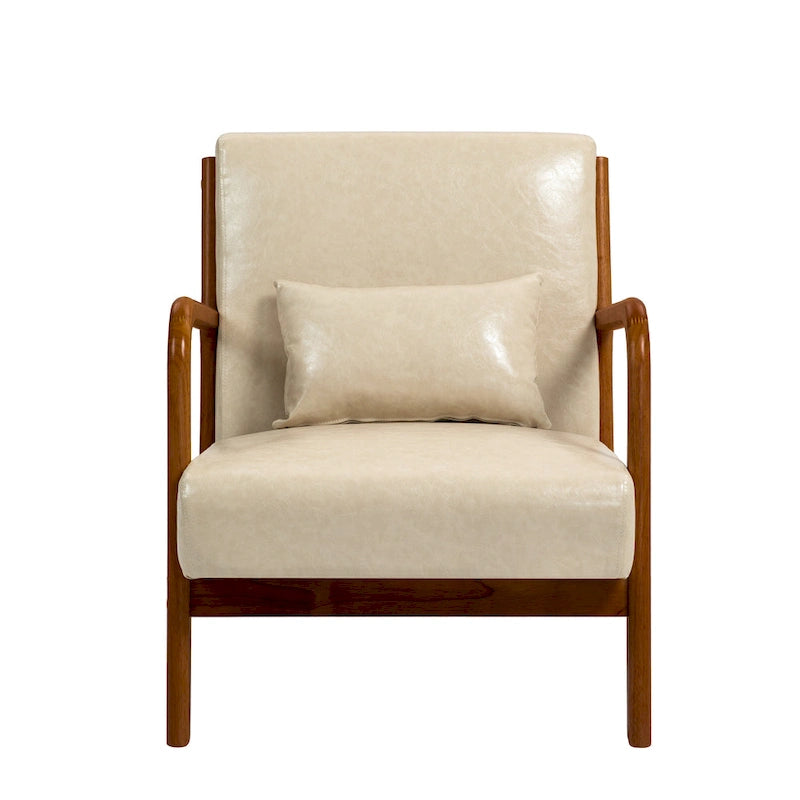 Tapicerowany fotel akcentowy w stylu mid-century modern z drewnianą ramą