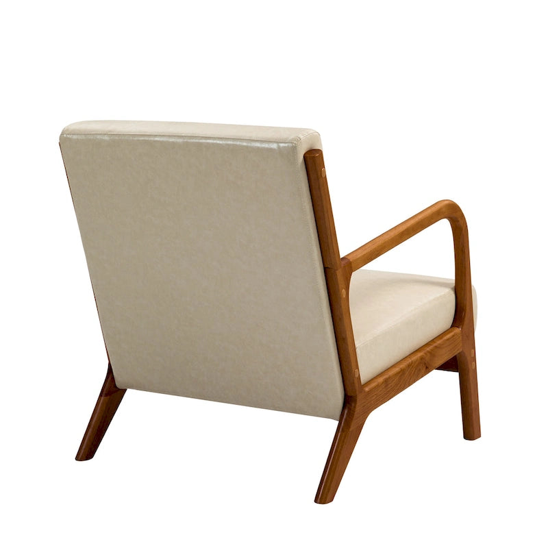 Tapicerowany fotel akcentowy w stylu mid-century modern z drewnianą ramą