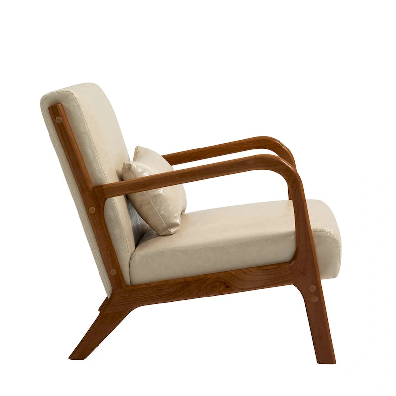 Tapicerowany fotel akcentowy w stylu mid-century modern z drewnianą ramą