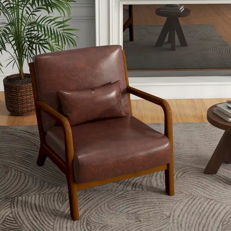 Tapicerowany fotel akcentowy w stylu mid-century modern z drewnianą ramą