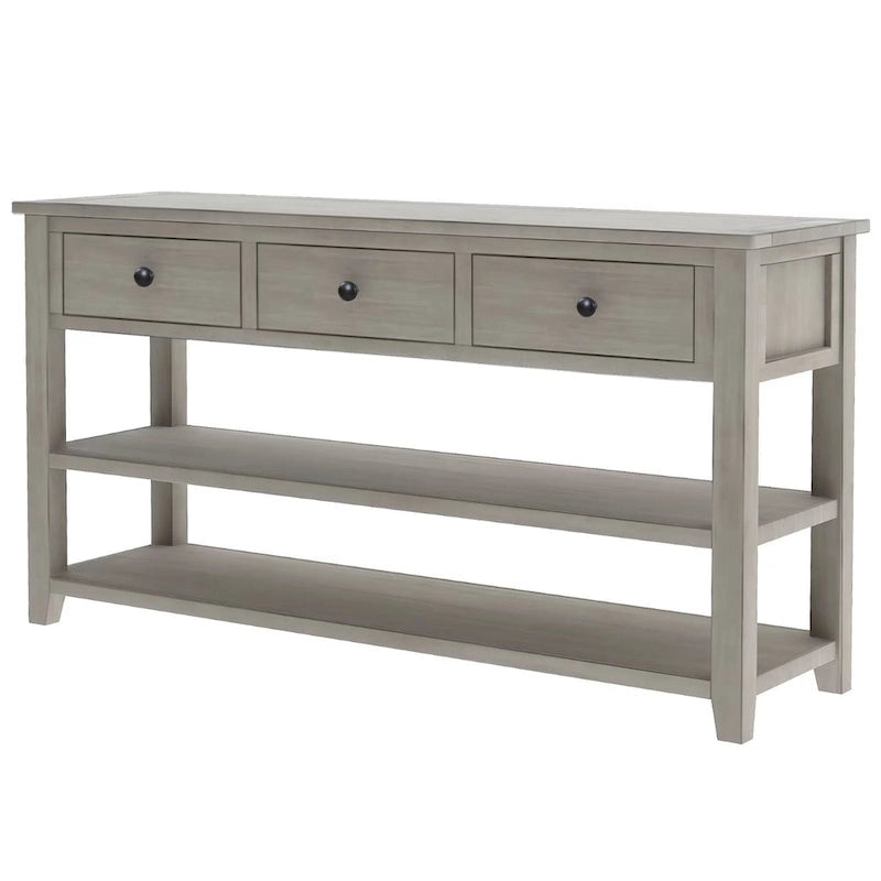 Retro Console Table Sofa Table with 2 Open Shelves and 3 Drawers, Pine Solid Wood Frame and Legs for Living Room, Entryway