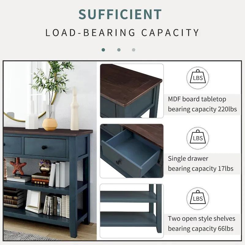 Retro Console Table Sofa Table with 2 Open Shelves and 3 Drawers, Pine Solid Wood Frame and Legs for Living Room, Entryway