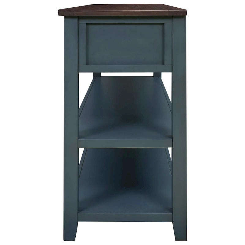 Retro Console Table Sofa Table with 2 Open Shelves and 3 Drawers, Pine Solid Wood Frame and Legs for Living Room, Entryway