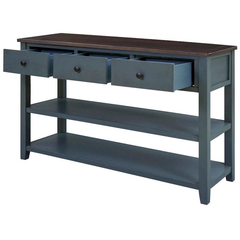 Retro Console Table Sofa Table with 2 Open Shelves and 3 Drawers, Pine Solid Wood Frame and Legs for Living Room, Entryway