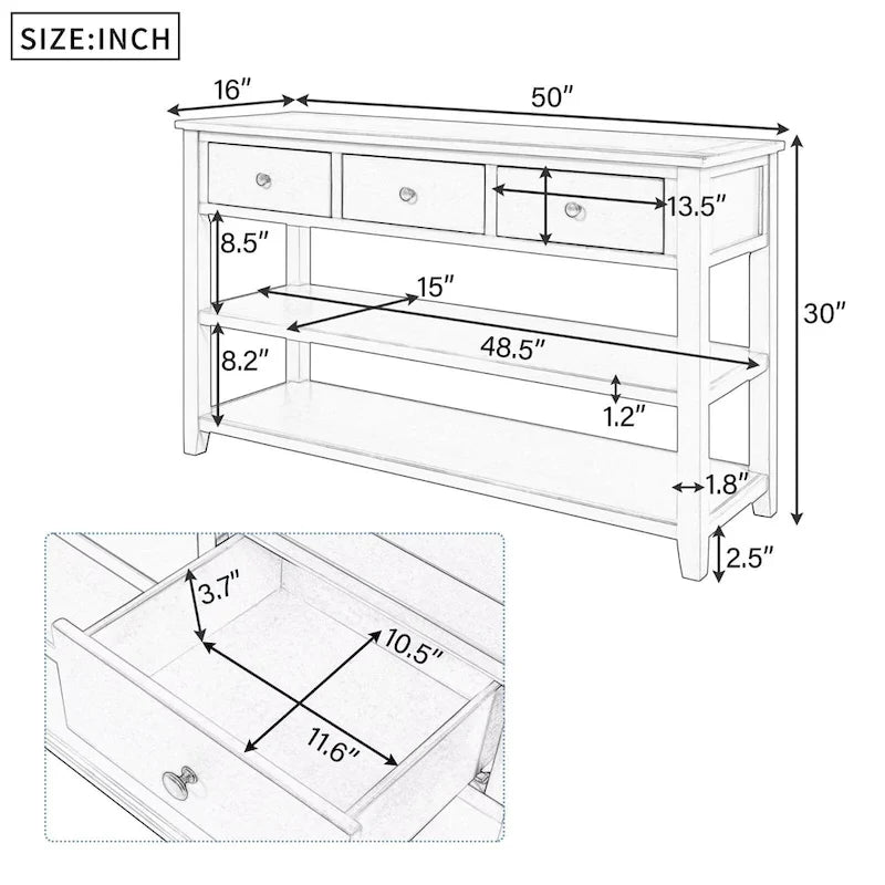 Retro Console Table Sofa Table with 2 Open Shelves and 3 Drawers, Pine Solid Wood Frame and Legs for Living Room, Entryway