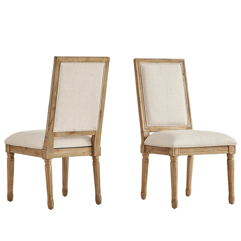 Rectangular Upholstered Linen Dining Chairs with Carved Wood Frames, Set of 2