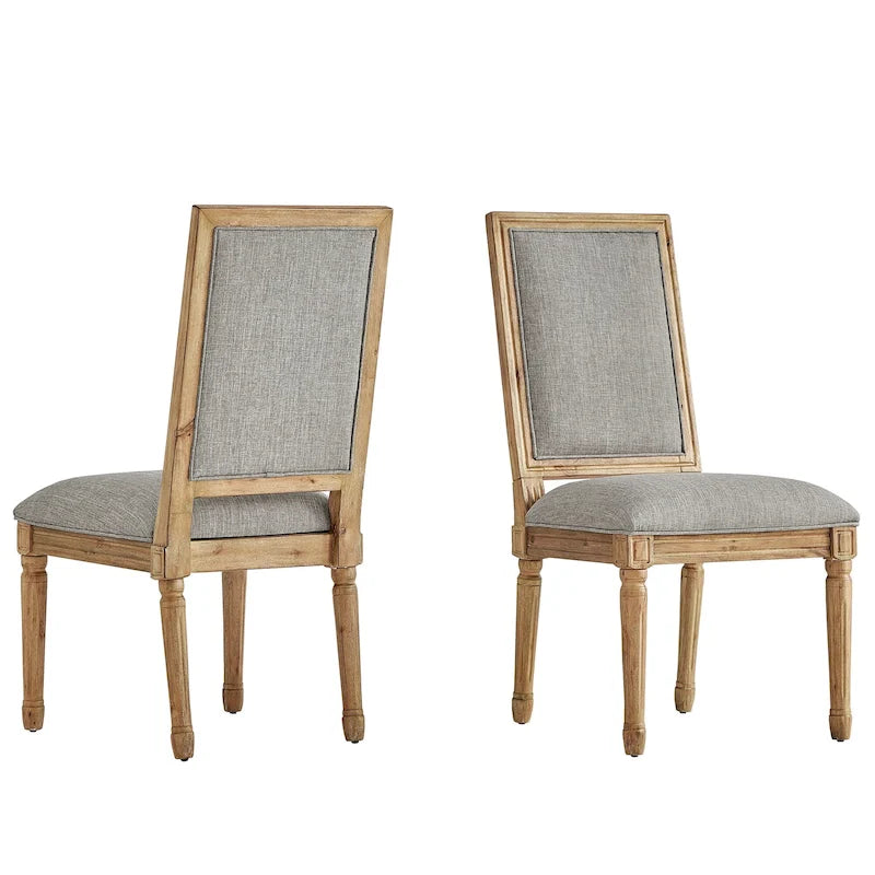 Rectangular Upholstered Linen Dining Chairs with Carved Wood Frames, Set of 2