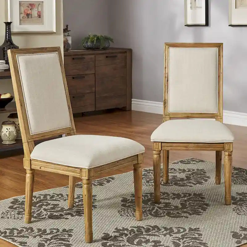 Rectangular Upholstered Linen Dining Chairs with Carved Wood Frames, Set of 2