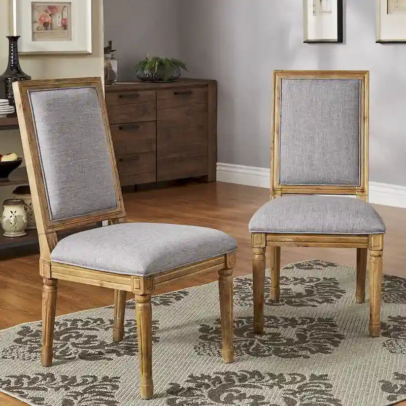 Rectangular Upholstered Linen Dining Chairs with Carved Wood Frames, Set of 2