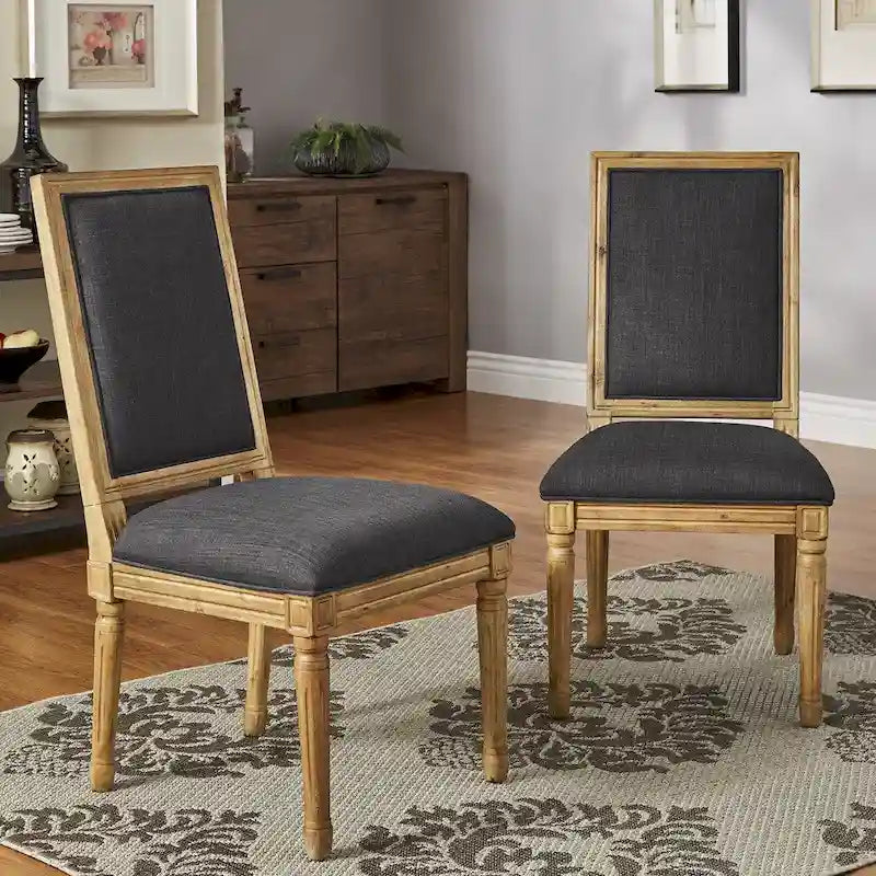 Rectangular Upholstered Linen Dining Chairs with Carved Wood Frames, Set of 2