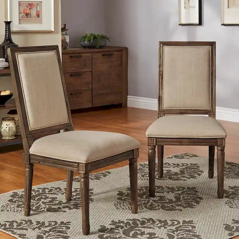 Rectangular Upholstered Linen Dining Chairs with Carved Wood Frames, Set of 2