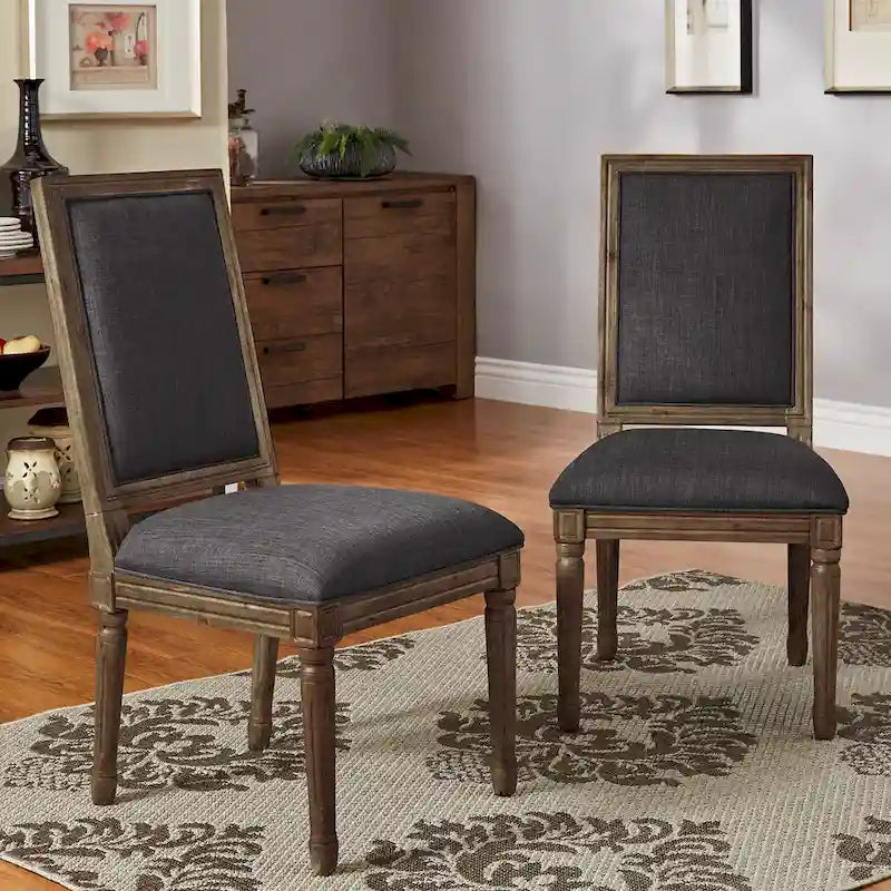 Rectangular Upholstered Linen Dining Chairs with Carved Wood Frames, Set of 2