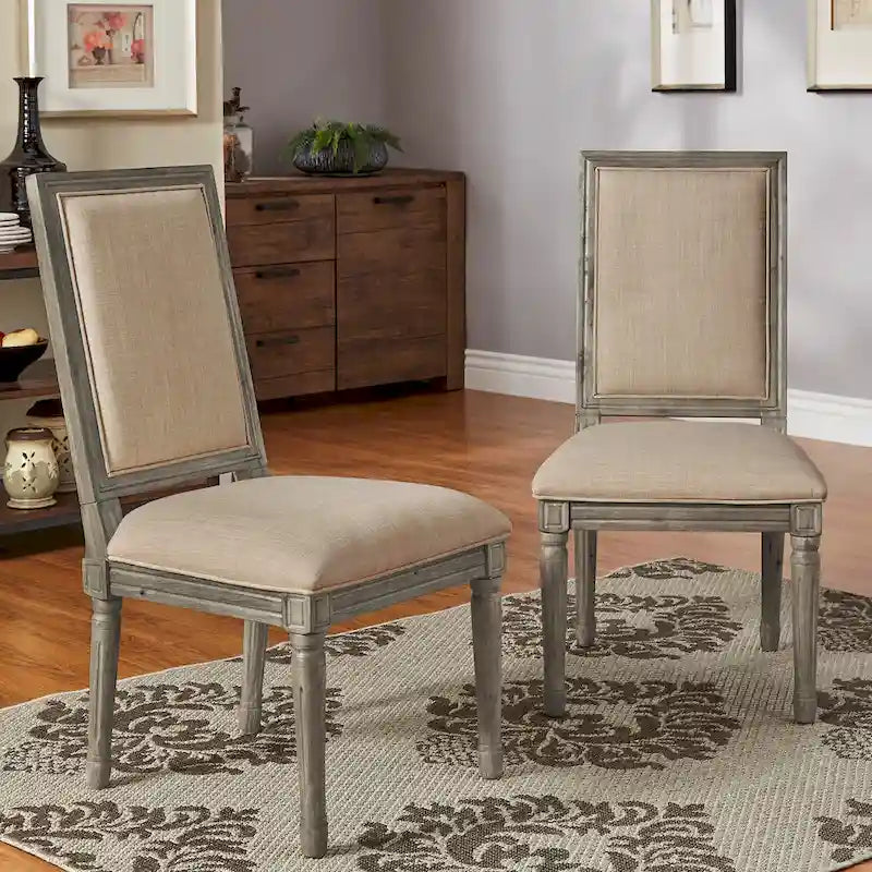 Rectangular Upholstered Linen Dining Chairs with Carved Wood Frames, Set of 2