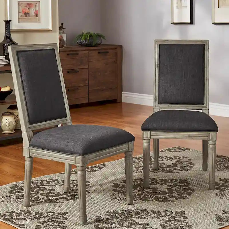 Rectangular Upholstered Linen Dining Chairs with Carved Wood Frames, Set of 2