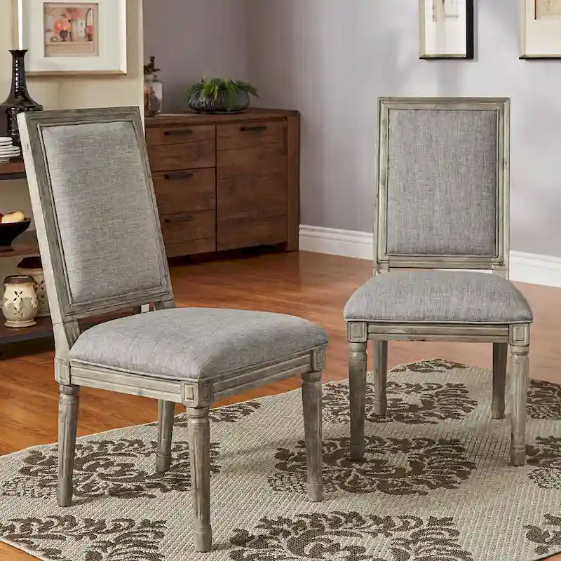 Rectangular Upholstered Linen Dining Chairs with Carved Wood Frames, Set of 2