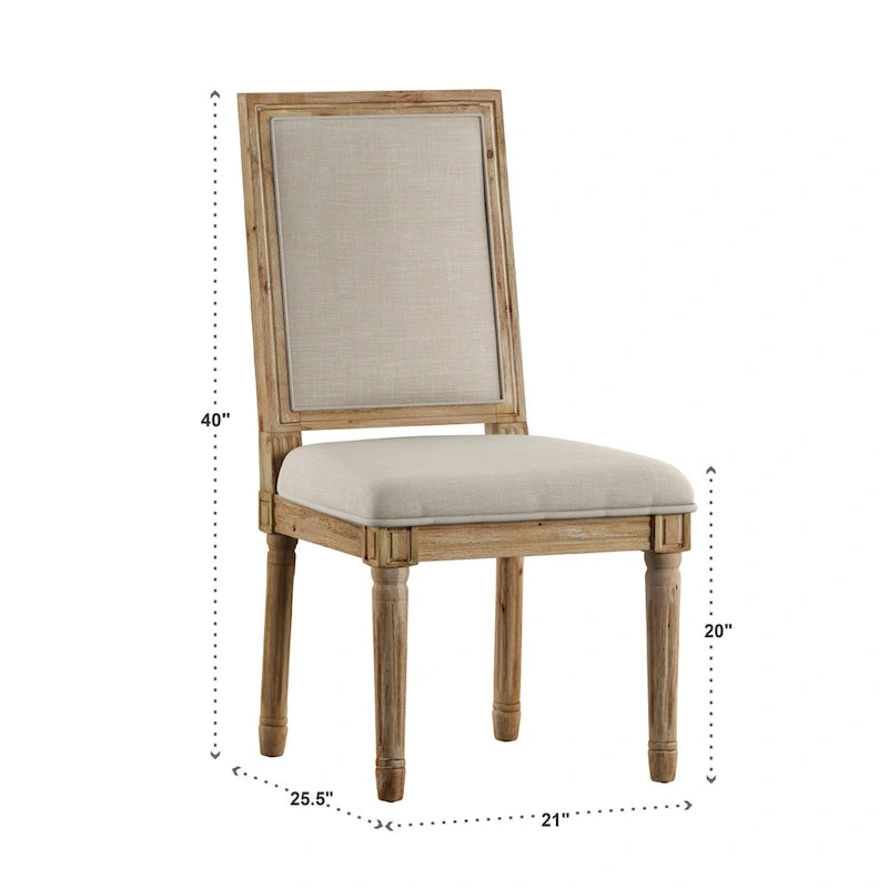 Rectangular Upholstered Linen Dining Chairs with Carved Wood Frames, Set of 2