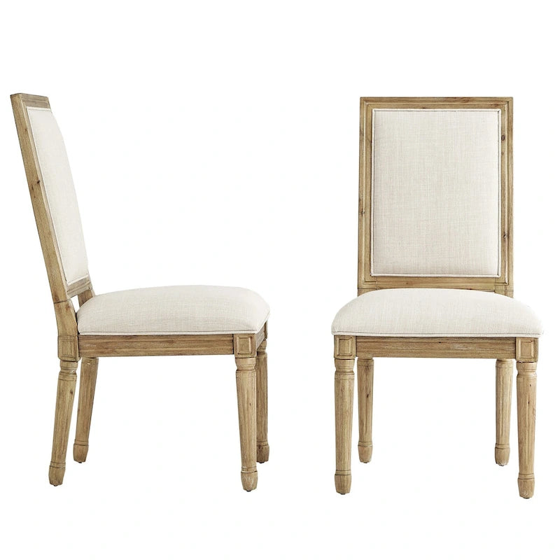 Rectangular Upholstered Linen Dining Chairs with Carved Wood Frames, Set of 2