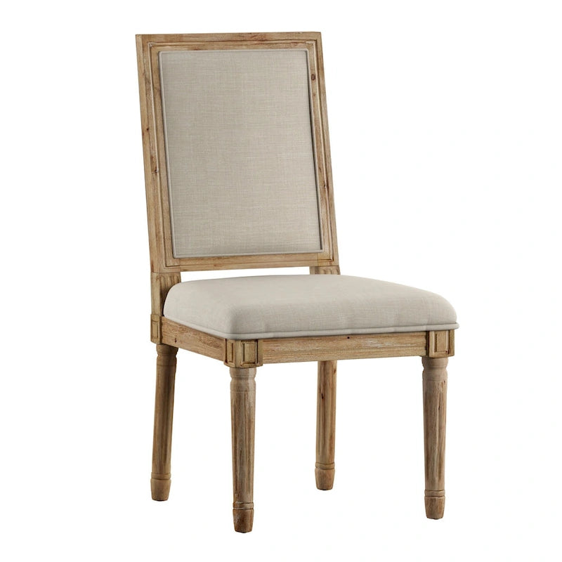 Rectangular Upholstered Linen Dining Chairs with Carved Wood Frames, Set of 2