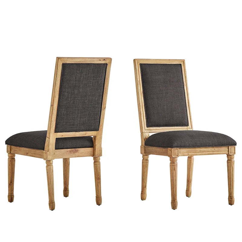 Rectangular Upholstered Linen Dining Chairs with Carved Wood Frames, Set of 2