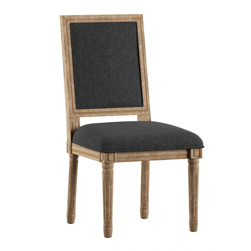 Rectangular Upholstered Linen Dining Chairs with Carved Wood Frames, Set of 2