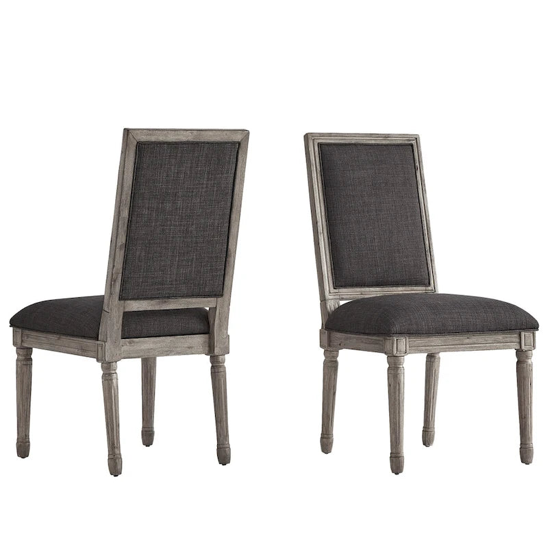 Rectangular Upholstered Linen Dining Chairs with Carved Wood Frames, Set of 2