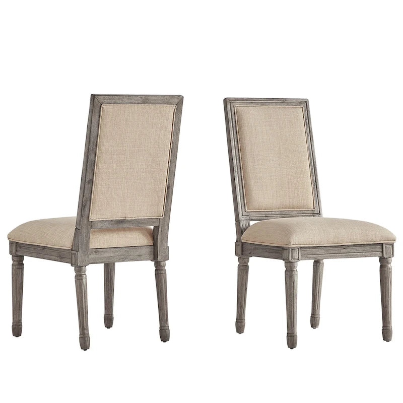 Rectangular Upholstered Linen Dining Chairs with Carved Wood Frames, Set of 2