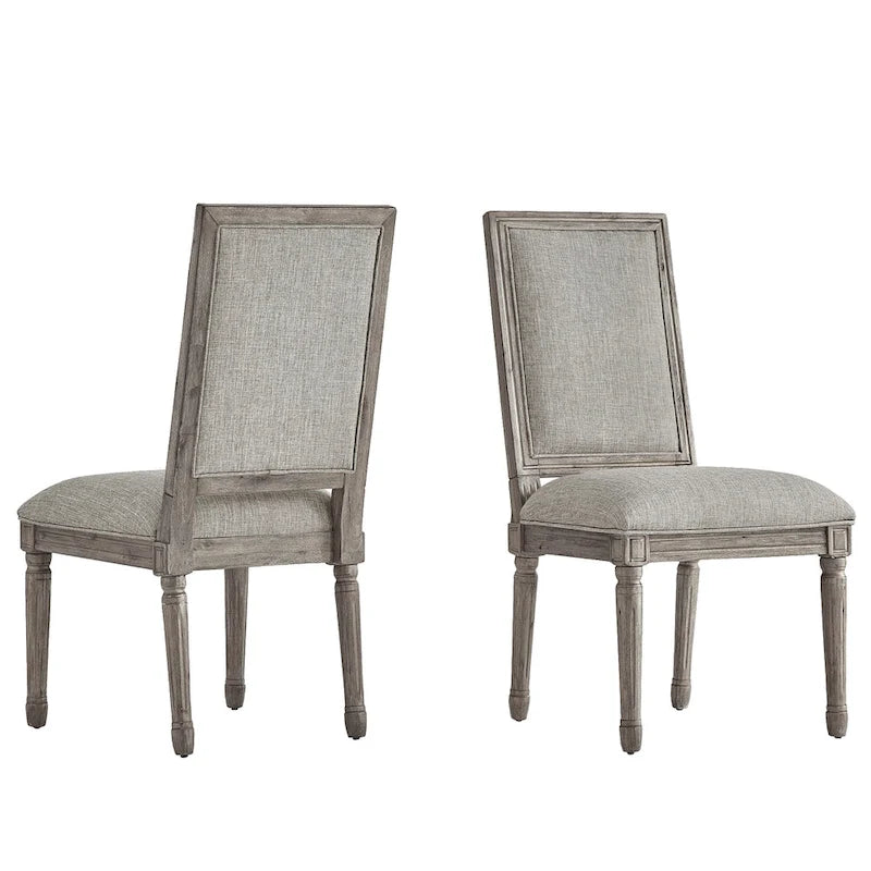 Rectangular Upholstered Linen Dining Chairs with Carved Wood Frames, Set of 2