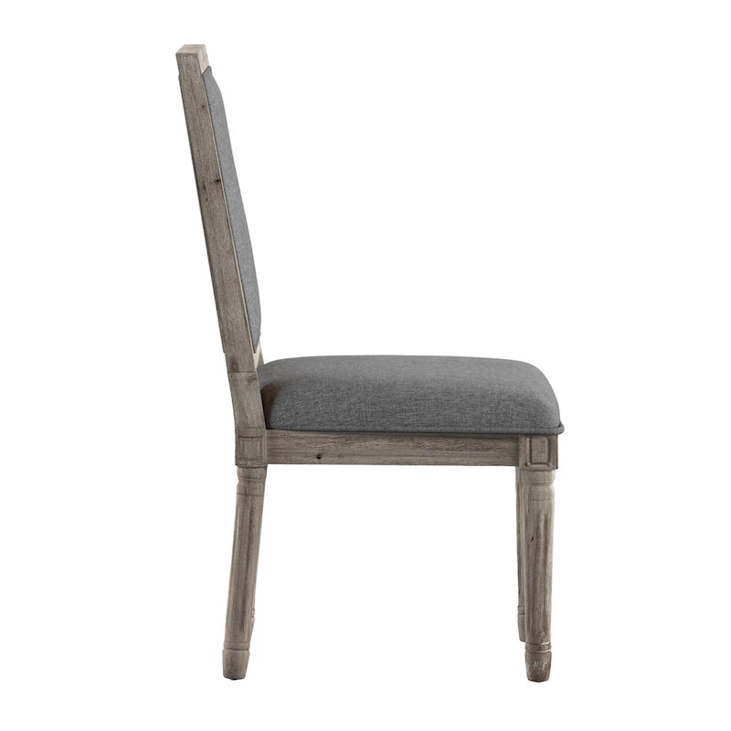 Rectangular Upholstered Linen Dining Chairs with Carved Wood Frames, Set of 2