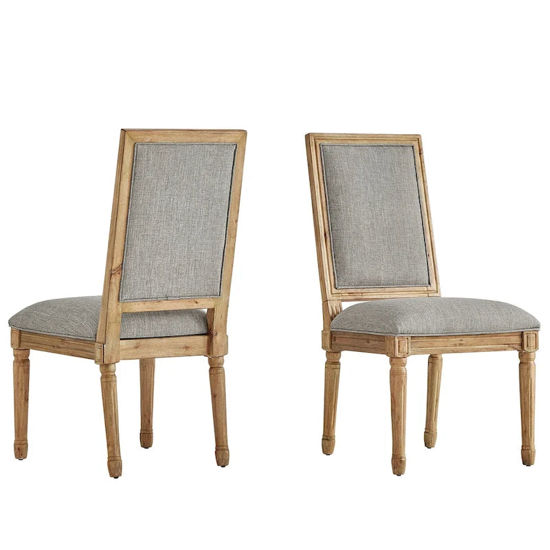 Rectangular Upholstered Linen Dining Chairs with Carved Wood Frames, Set of 2
