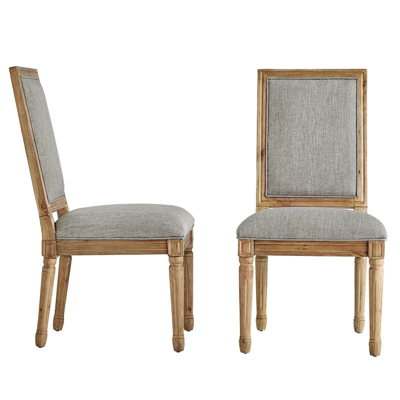 Rectangular Upholstered Linen Dining Chairs with Carved Wood Frames, Set of 2