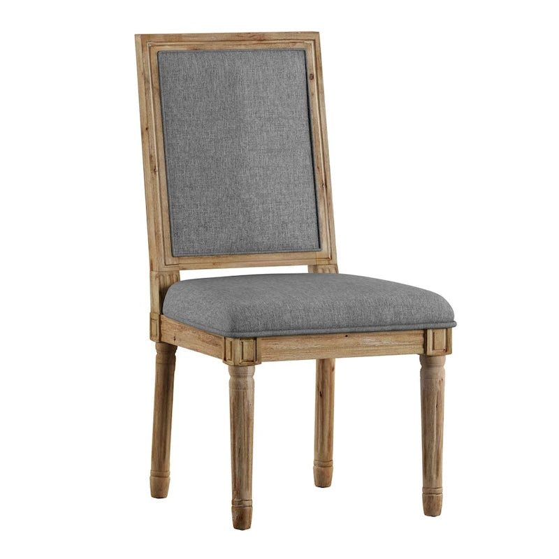 Rectangular Upholstered Linen Dining Chairs with Carved Wood Frames, Set of 2