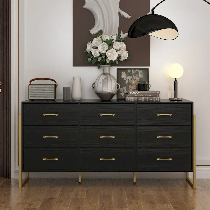 Modern Black 9-Drawer Dresser with Gold Handles