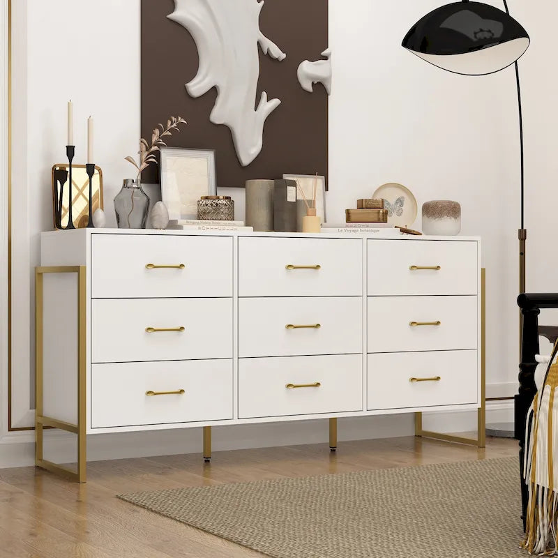 Modern Black 9-Drawer Dresser with Gold Handles