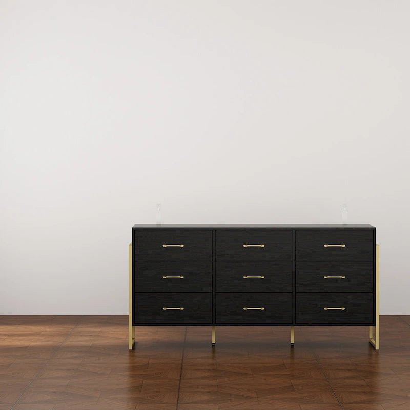 Modern Black 9-Drawer Dresser with Gold Handles